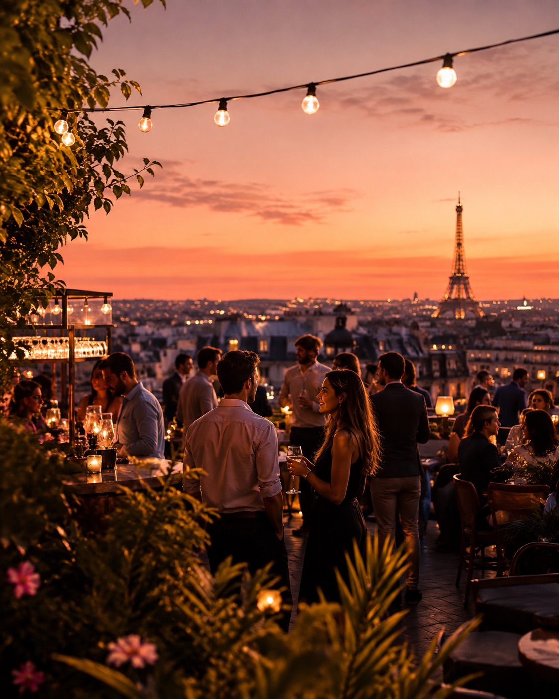 Groupe réuni sur un rooftop au coucher du soleil